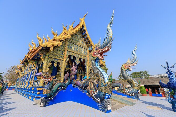 Full Day Chiang Rai 3 Temples White, Blue,Big Bhudha Temples - Wat Rong Suea Ten (Blue Temple): blue and gold murals